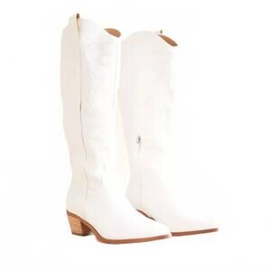 NEW MIRACLE MILES women's high western embroidery block heel boot in white